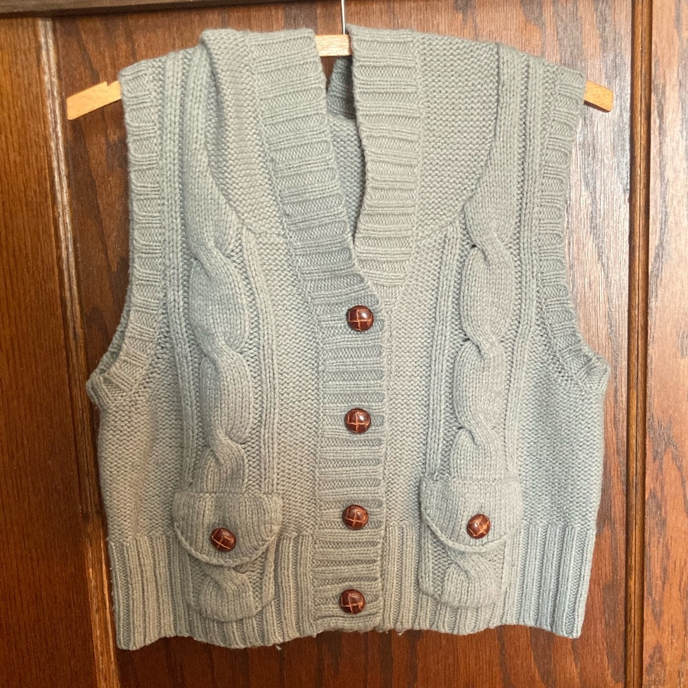 Gray Hooded Cable Knit Wool Blend Sweater Vest